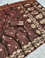 Sizzling Brown Pure Zari Weaving Banarasi Silk Saree With Beleaguer Blouse Piece