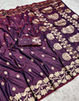 Incredible Wine Pure Zari Weaving Banarasi Silk Saree With Mesmerising Blouse Piece