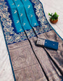 Confounding Firozi Soft Banarasi Silk Saree With Imbrication Blouse Piece