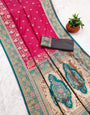 Demanding Dark Pink Soft Banarasi Silk Saree With Exquisite Blouse Piece