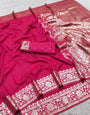 Incredible Dark Pink Pure Zari Weaving Banarasi Silk Saree With Mesmerising Blouse Piece
