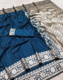 Fantabulous Teal Blue Pure Zari Weaving Banarasi Silk Saree With Panache Blouse Piece
