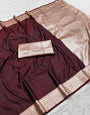 Smart Brown Pure Zari Weaving Banarasi Silk Saree With Moiety Blouse Piece