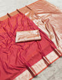 Zephyr Pink Pure Zari Weaving Banarasi Silk Saree With Ethnic Blouse Piece
