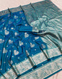Divine Firozi Pure Zari Weaving Banarasi Silk Saree With Alluring Blouse Piece