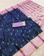 Hypnotic Navy Blue Pure Zari Weaving Banarasi Silk Saree With Adoring Blouse Piece