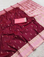 Gleaming Wine Pure Zari Weaving Banarasi Silk Saree With Flattering Blouse Piece