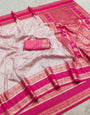 Designer Beige Pure Zari Weaving Banarasi Silk Saree With Luxuriant Blouse Piece
