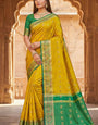 Alluring Mustard Pure Zari Weaving Banarasi Silk Saree With Adorning Blouse Piece