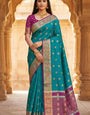 Stunning Rama Pure Zari Weaving Banarasi Silk Saree With Fairytale Blouse Piece