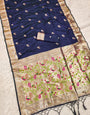Panoply Navy Blue Paithani Silk Saree With Palimpsest Blouse Piece