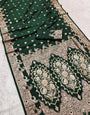 Opulent Dark Green Soft Banarasi Silk Saree With Demesne Blouse Piece