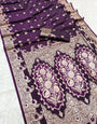 Staggering Wine Soft Banarasi Silk Saree With Efflorescence Blouse Piece