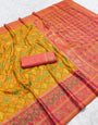 Palimpsest Yellow Pure Zari Weaving Banarasi Silk Saree With Pleasant Blouse Piece