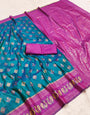 Dazzling Firozi Pure Zari Weaving Banarasi Silk Saree With Denouement Blouse Piece