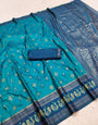 Devastating Turquoise Pure Zari Weaving Banarasi Silk Saree With Outstanding Blouse Piece