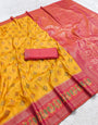 Precious Yellow Pure Zari Weaving Banarasi Silk Saree With Diaphanous Blouse Piece