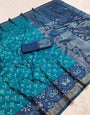 Divine Firozi Pure Zari Weaving Banarasi Silk Saree With Magnetic Blouse Piece