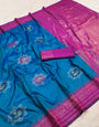 Gratifying Blue Pure Zari Weaving Banarasi Silk Saree With Impressive Blouse Piece