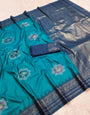 Invaluable Firozi Pure Zari Weaving Banarasi Silk Saree With Enticing Blouse Piece