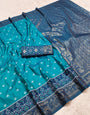 Beautiful Firozi Pure Zari Weaving Banarasi Silk Saree With Flamboyant Blouse Piece