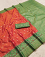 Trendy Peach Pure Zari Weaving Banarasi Silk Saree With Stunning Blouse Piece