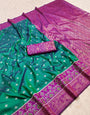 Glowing Rama Pure Zari Weaving Banarasi Silk Saree With Dalliance Blouse Piece