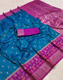 Woebegone Blue Pure Zari Weaving Banarasi Silk Saree With Lustrous Blouse Piece