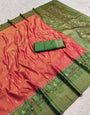 Prominent Peach Pure Zari Weaving Banarasi Silk Saree With Devastating Blouse Piece