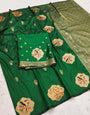 Delectable Dark Green Pure Zari Weaving Banarasi Silk Saree With Exemplary Blouse Piece