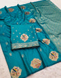 Most Stunning Firozi Pure Zari Weaving Banarasi Silk Saree With Pleasurable Blouse Piece