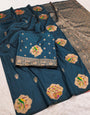 Innovative Navy Blue Pure Zari Weaving Banarasi Silk Saree With Glowing Blouse Piece