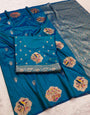 Assemblage Teal Blue Pure Zari Weaving Banarasi Silk Saree With Super classy Blouse Piece