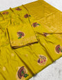 Outstanding Mustard Pure Zari Weaving Banarasi Silk Saree With Flaunt Blouse Piece