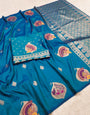 Demesne Teal Blue Pure Zari Weaving Banarasi Silk Saree With Ineffable Blouse Piece