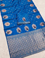 Adorable Blue Pure Zari Weaving Banarasi Silk Saree With Glamorous Blouse Piece