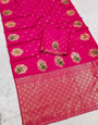 Eye-catching Dark Pink Pure Zari Weaving Banarasi Silk Saree With Seraphic Blouse Piece