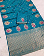 Sophisticated Firozi Pure Zari Weaving Banarasi Silk Saree With Ephemeral Blouse Piece