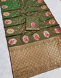 Elegant Green Pure Zari Weaving Banarasi Silk Saree With Incomparable Blouse Piece