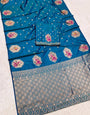 Glowing Teal Blue Pure Zari Weaving Banarasi Silk Saree With Dalliance Blouse Piece