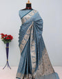 Gossamer Grey Banarasi Satin Silk Saree With Assemblage Blouse