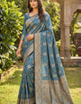 Ravishing Grey Banarasi Satin Silk Saree With Eye-catching Blouse