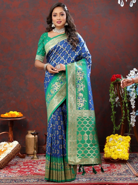 Ideal Blue Patola Silk Saree with Most Stunning Blouse Piece