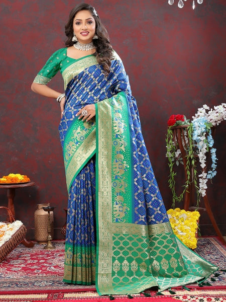 Ideal Blue Patola Silk Saree with Most Stunning Blouse Piece