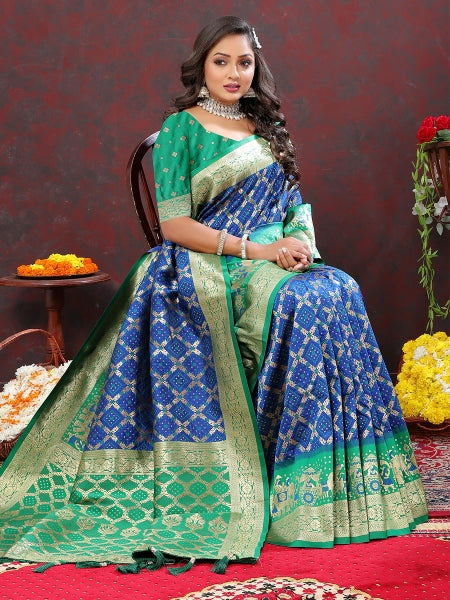 Ideal Blue Patola Silk Saree with Most Stunning Blouse Piece