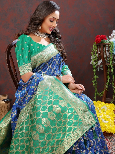 Ideal Blue Patola Silk Saree with Most Stunning Blouse Piece