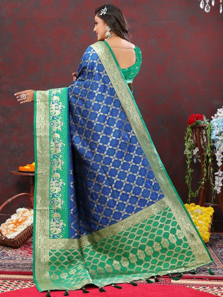 Ideal Blue Patola Silk Saree with Most Stunning Blouse Piece