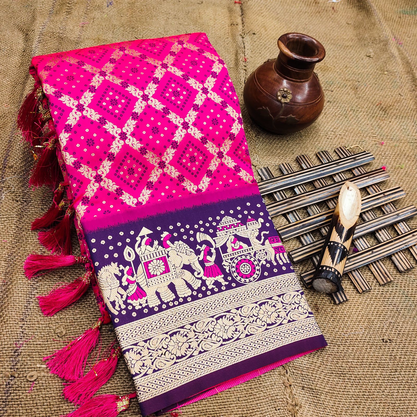 Ethnic Dark Pink Patola Silk Saree with Prettiest Blouse Piece