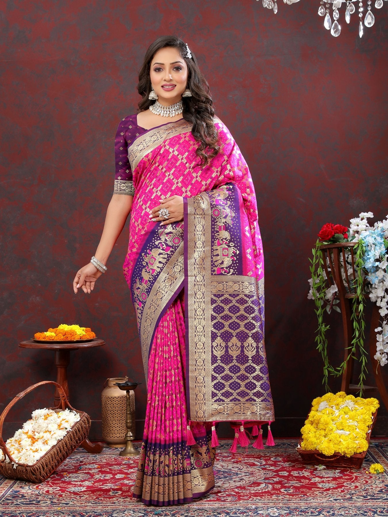 Ethnic Dark Pink Patola Silk Saree with Prettiest Blouse Piece