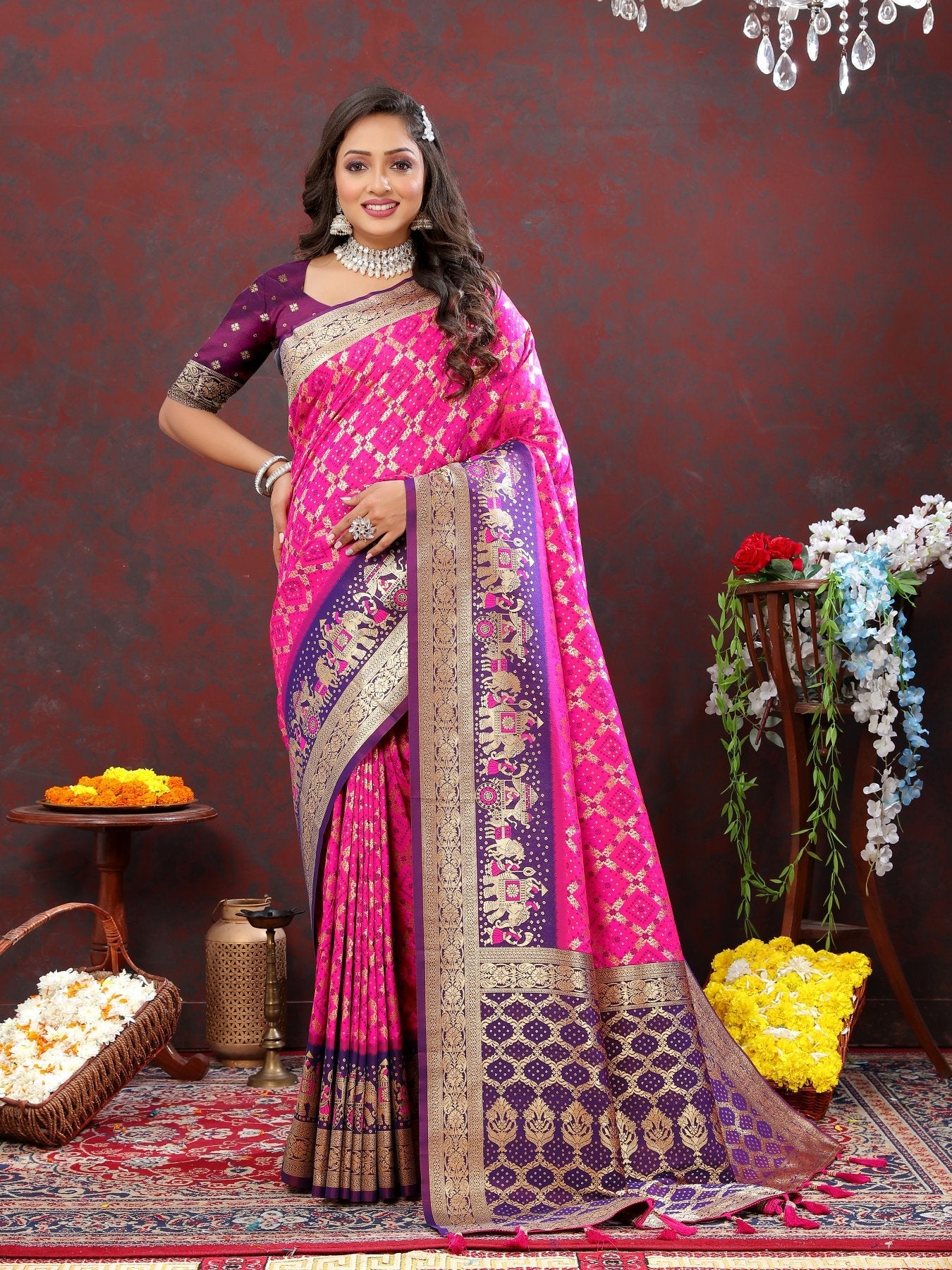 Ethnic Dark Pink Patola Silk Saree with Prettiest Blouse Piece